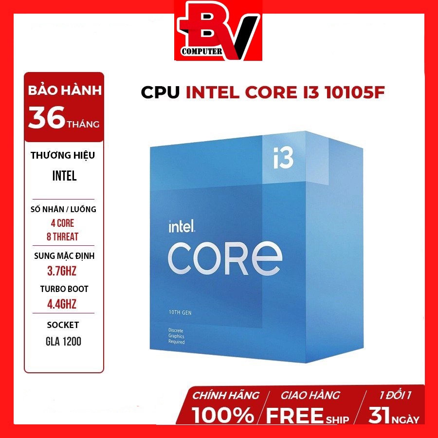 [FULL BOX CHÍNH HÃNG] Bộ vi xử lý CPU Intel Core i3 - 10105F 4C/8T ( 3.7GHz up to 4.4GHz, 6MB ) - Bảo hành 36 tháng