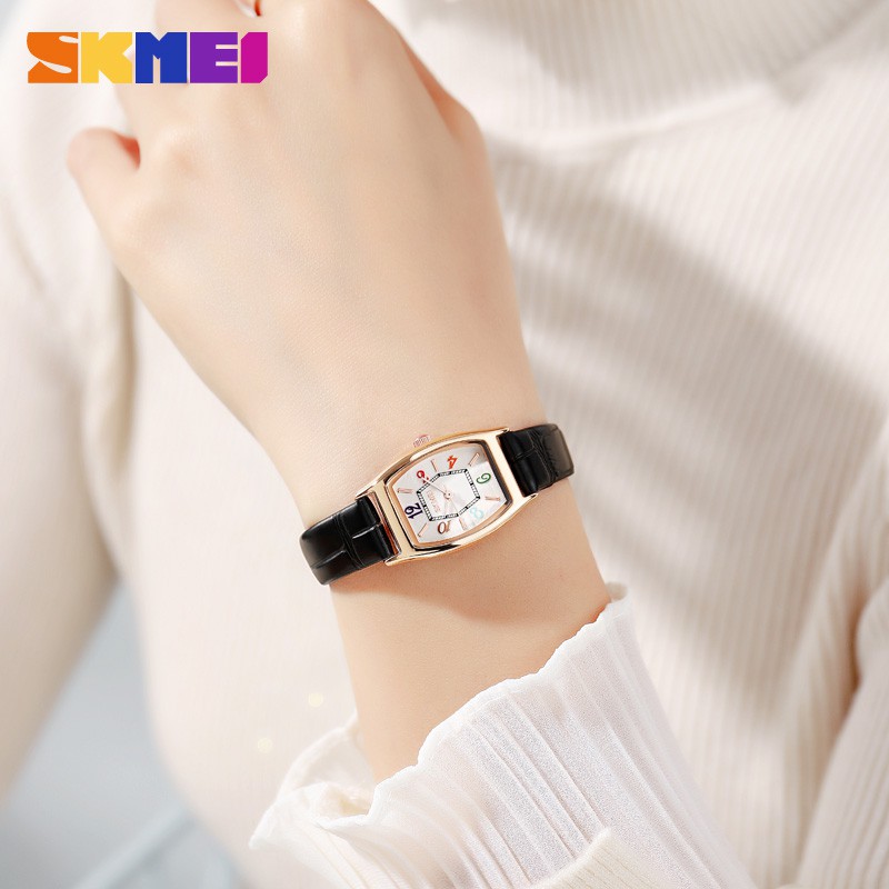 SKMEI 1781 Fashion Watch Women Textured Leather Strap Golden Case Quartz Classic Design Elegant