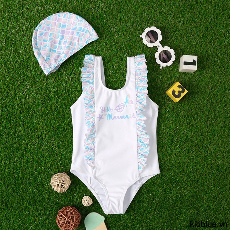 Children's Swimsuit With Swim Cap 1-6T Sleeveless Princess Beachwear Cute Toddler Girls Ruffled Swimsuits Summer One-Piece