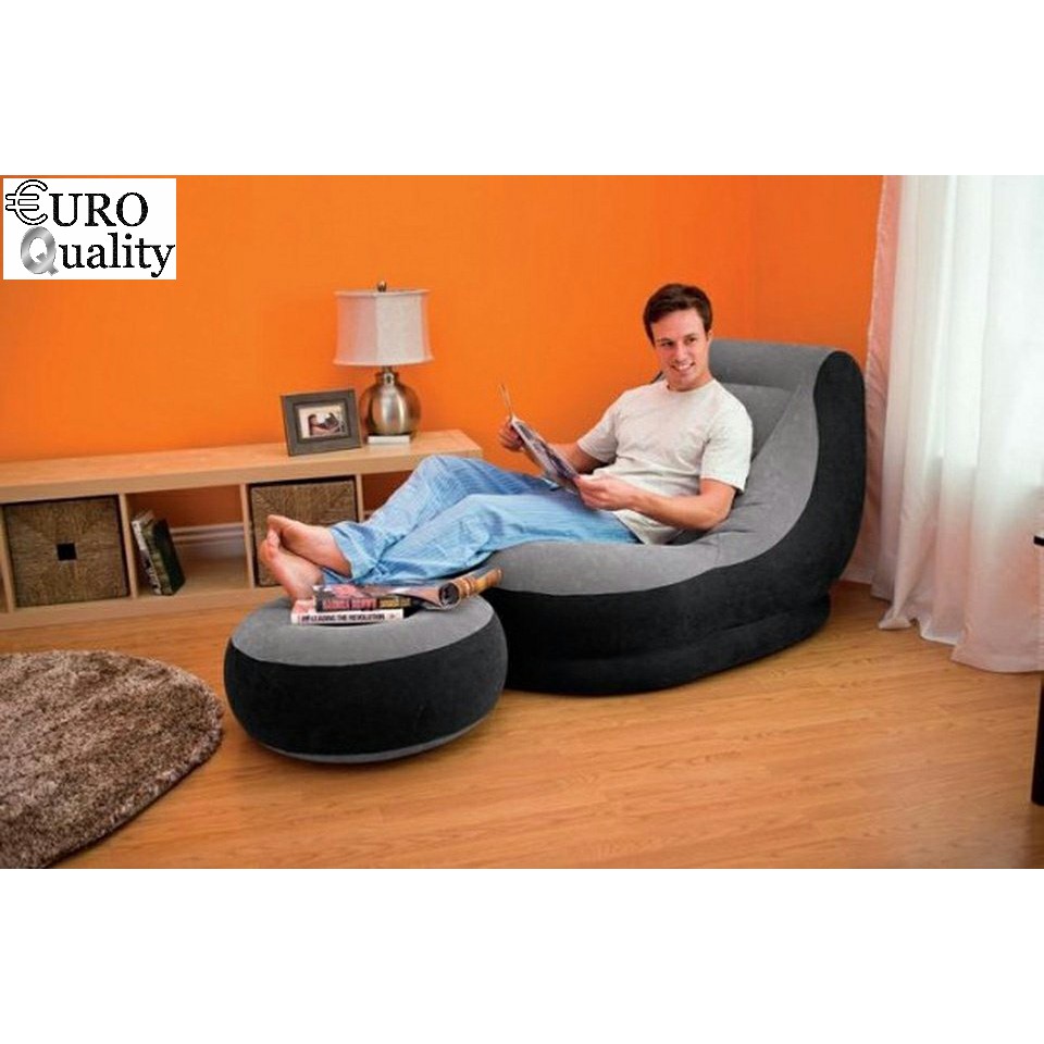 Ghế hơi tựa lưng kèm bơm điện 220V, ghế bọc nhung Lazy Sofa, có đôn gác chân