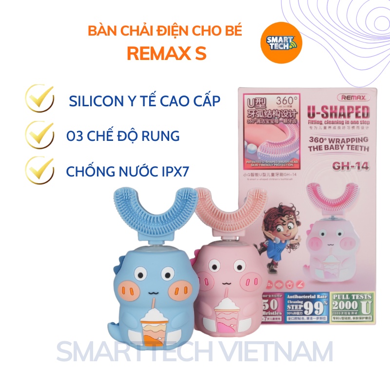 Bàn chải điện đánh răng cho bé Remax S, bàn chải tự động đầu chải chữ U silicon siêu mềm, phù hợp cho trẻ từ 2-9 tuổi