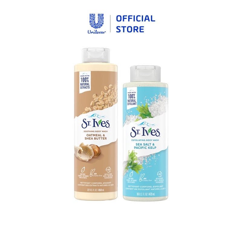 Combo Sữa tắm St.ives Yến mạch và bơ 650ml và Sữa tắm St.ives Muối biển 473ml
