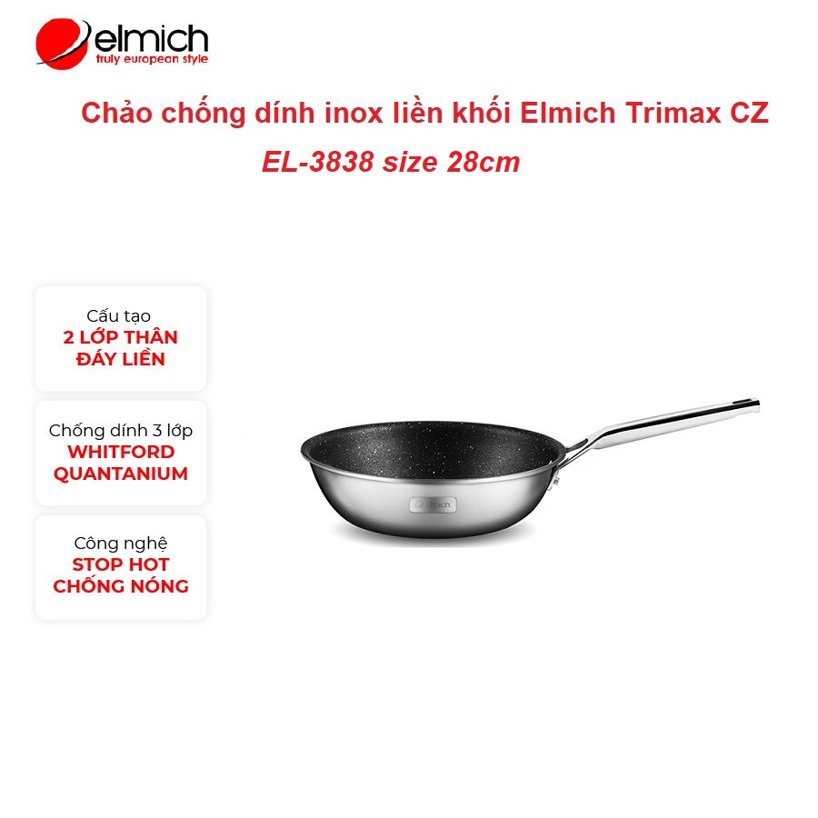 [LIFEMCMBP4 -12% đơn 250K] Chảo chống dính Inox 304 cao cấp liền khối Elmich Trimax Cz EL-3838 size 28cm