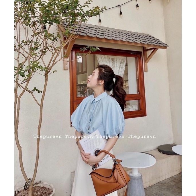 ✨TAY BỒNG 2 LỚP✨Áo sơmi tay bồng 2 màu xanh và trắng
