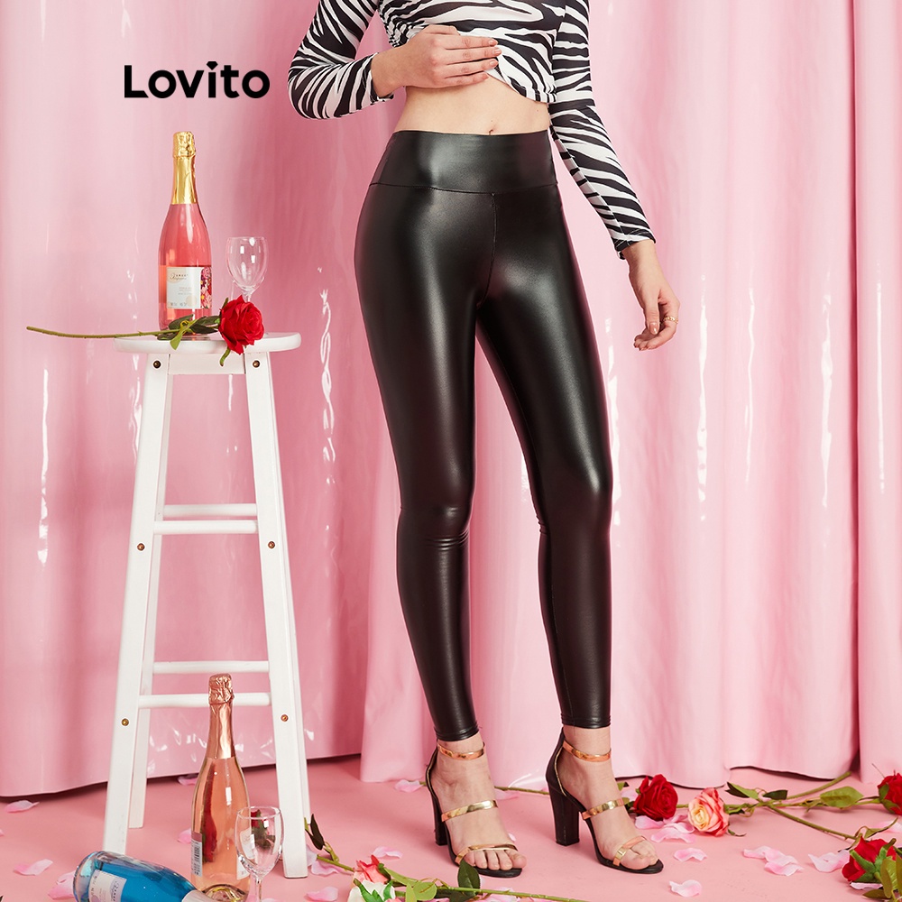 Quần legging Lovito da giả lưng cao màu trơnco giãn nhẹ thời trang cho nữ L10095 (Màu đen)