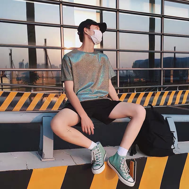 Áo Thun Tay Ngắn Dáng Rộng In Hình Mặt Cười Lấp Lánh Kiểu Hồng Kông Thời Trang Cho Nam Và Nữ