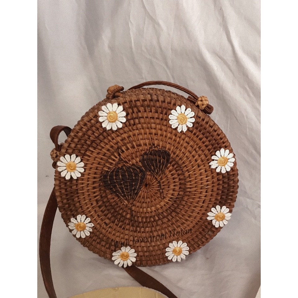 Túi Mây Hộp Tròn Đeo Chéo Họa Tiết Xinh Vắn Vintage Boho- Kích Thước : D20cm Và D16cm