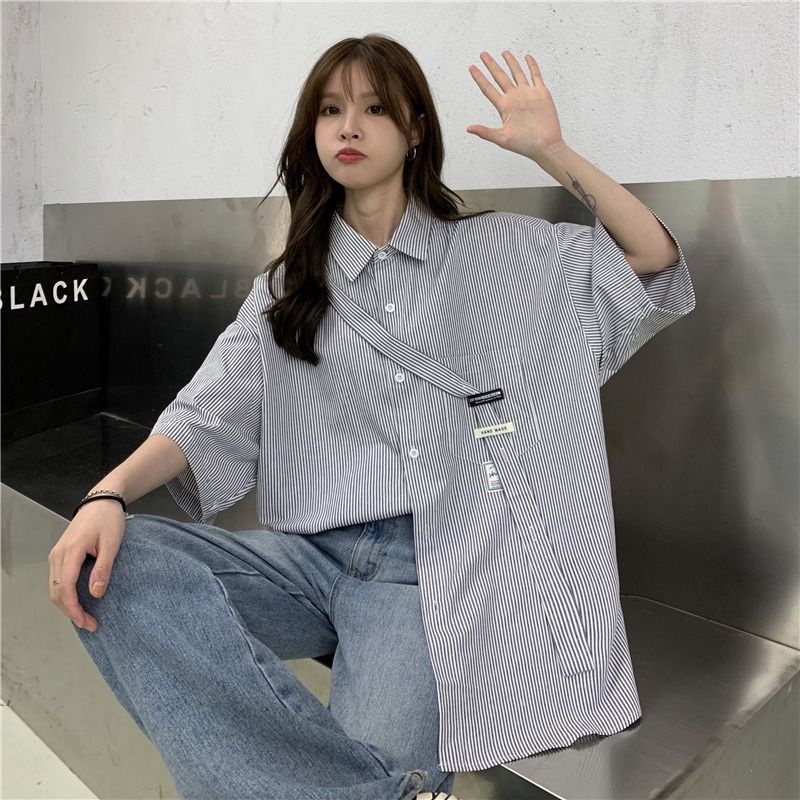 Áo Sơ Mi Tay Ngắn Dáng Rộng Họa Tiết Kẻ Sọc Thời Trang Hàn Quốc Cho Nữ