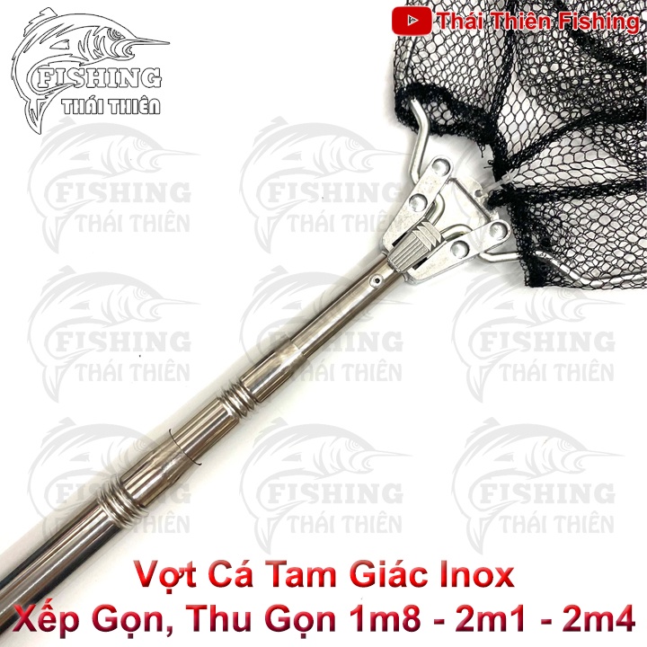 Vợt Vớt Cá Tam Giác Inox Rút, Gấp Gọn Lưới Mùng Lỗ 5mm Dài 1m8, 2m1