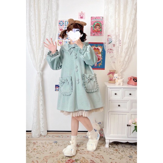 YAS0539-Áo khoác dạ Alice Girl dáng chữ A nhún bèo gắn nơ