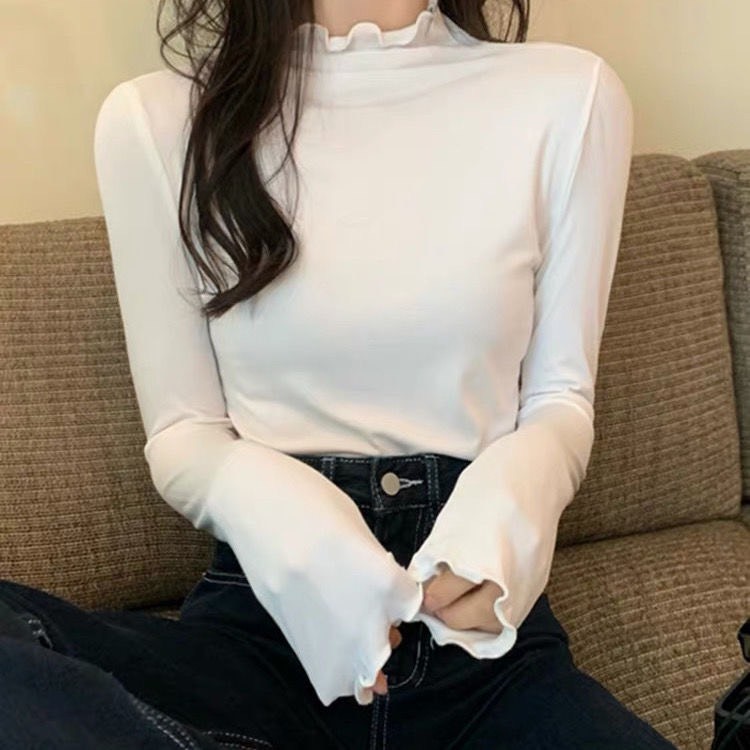 Áo Phông Trơn Cổ Sóng, Áo Thun Dài Tay Cute Dễ Thương Phong Cách Hàn Quốc