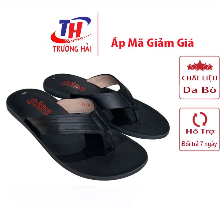 Dép xỏ ngón nam da bò thật  màu đen Trường Hải mặt đúc chịu nước