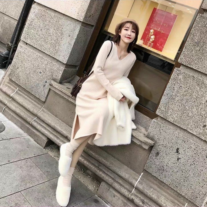 shop xin giới thiệu sản phẩm váy suông dài tay cổ tim xẻ tà chất len gân cá tính hàn quốc H001 | BigBuy360 - bigbuy360.vn