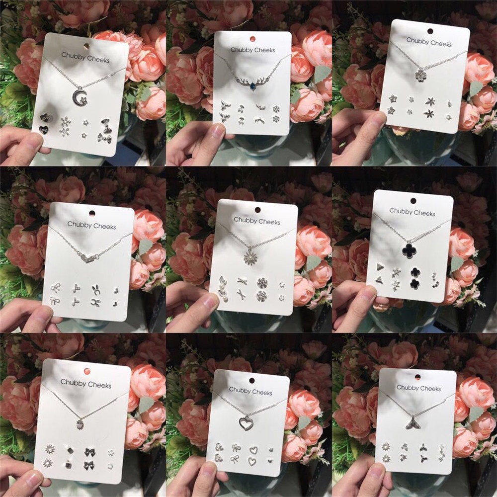 Set 4 đôi khuyên tai + dây chuyền mạ bạc đính đá sang trọng hợp thời trang
