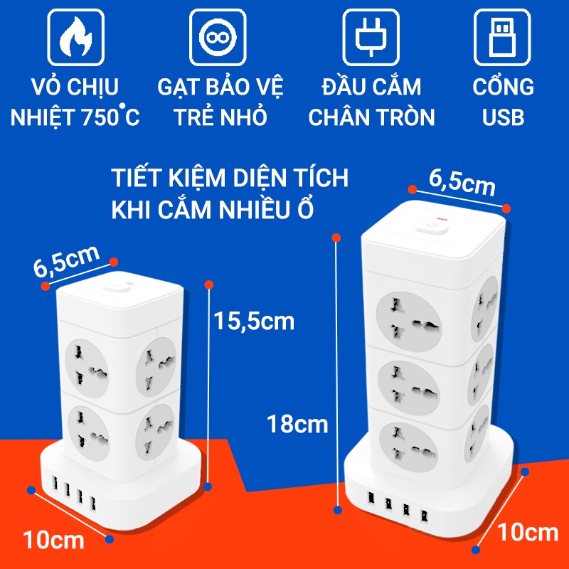 Ổ Cắm Điện Đa Năng SHOPTIDA Hình Tháp Nhiều Tầng T8/ T12 Chịu Tải 3600W, An Toàn Chống Cháy Chống Giật, Dây Dài 3 và 4m