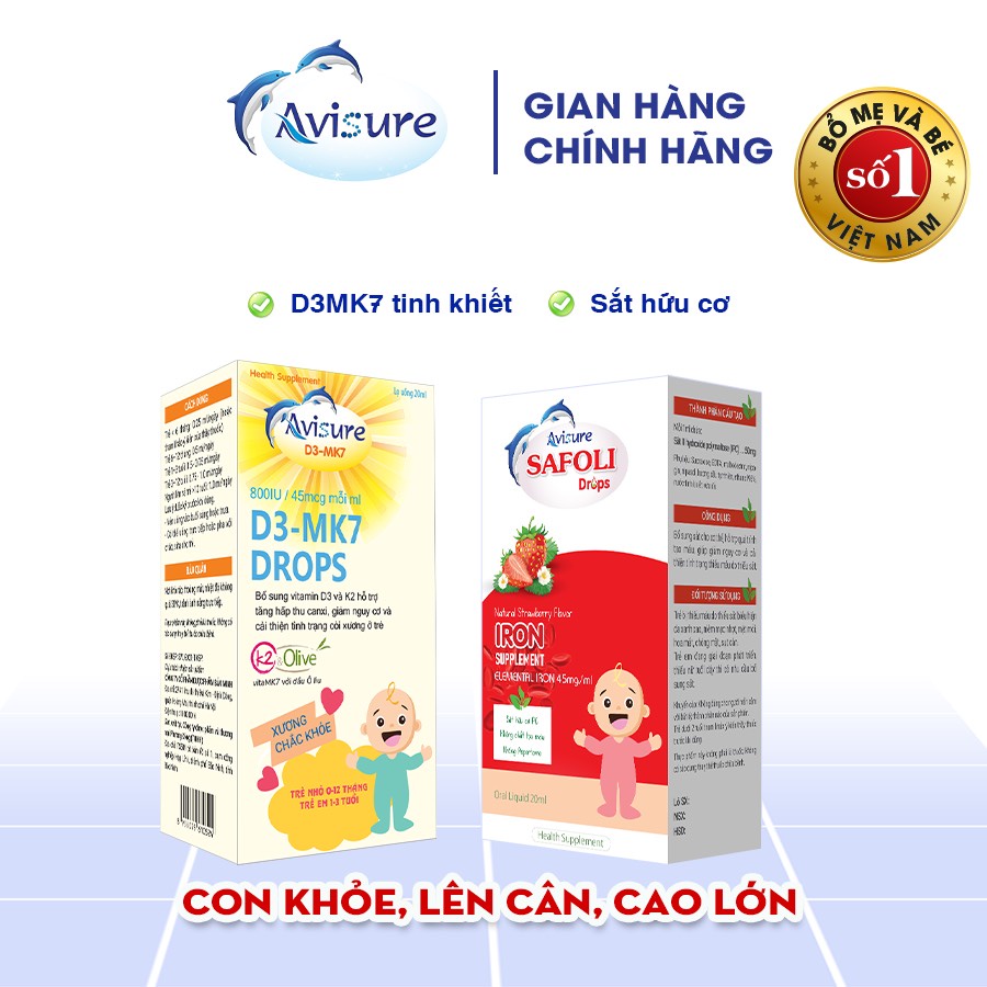 Tích điểm - Combo Avisure D3MK7 và Safoli - D3 tinh khiết và sắt hữu cơ hỗ trợ tăng cân, tăng chiều cao cho bé