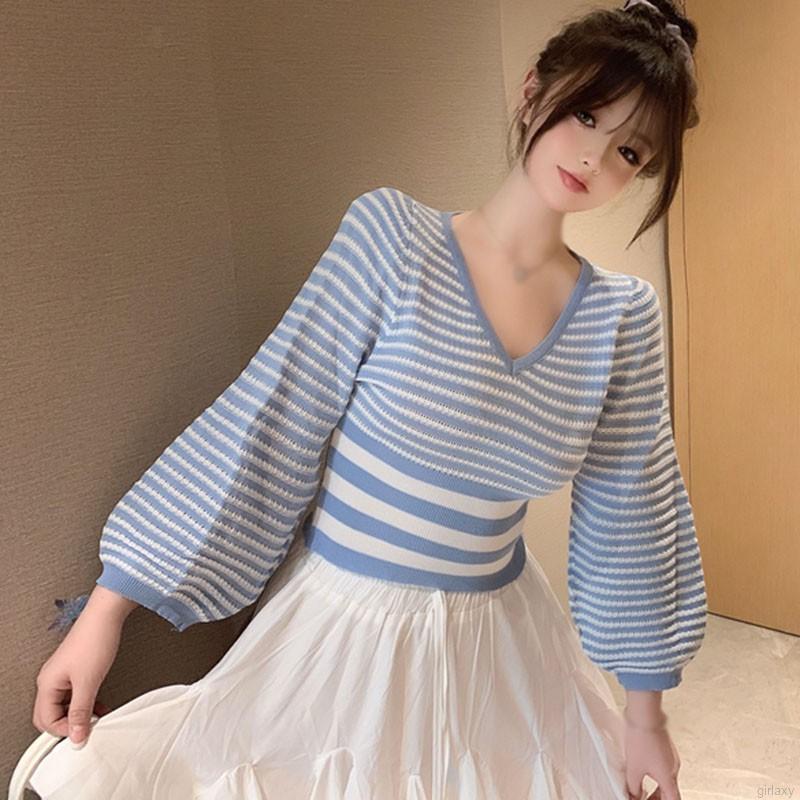 Áo Croptop Dệt Kim Tay Dài Cổ Chữ V Phong Cách Hàn Quốc