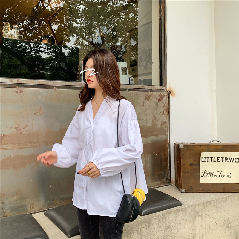 Spring 2021 New Korean Style, Simple and Versatile, Bubble Sleeve Shirt, Long Sleeve Shirt, Girl Student Loose Shirt[delivery Within 5 Days]