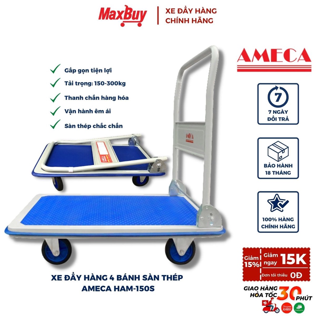 Xe đẩy hàng kéo hàng 4 bánh sàn thép giảm ồn tốt gấp gọn tiện lợi Ameca HAM-150S bảo hành 12 tháng giao hỏa tốc HN