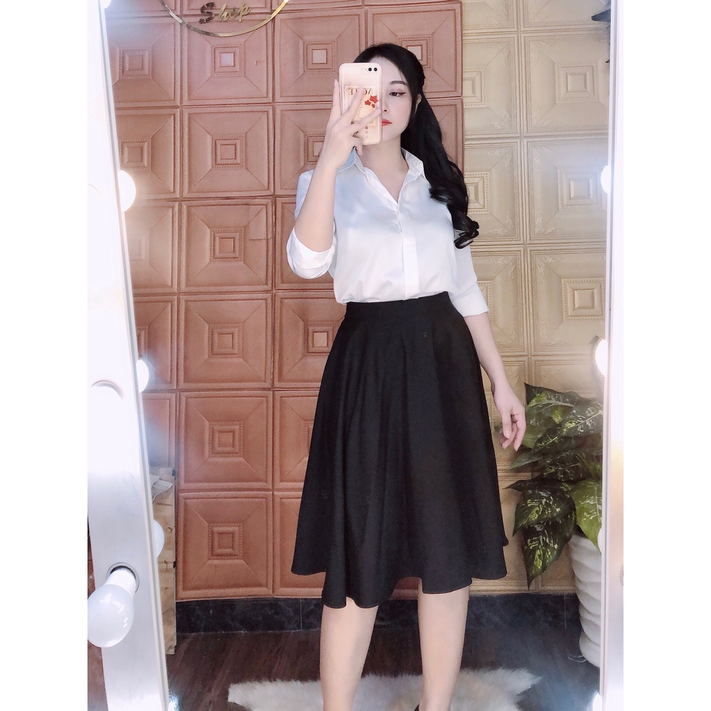 Chân váy xoè công sở dáng dài, chất Cotton lạnh, dày dặn co giãn, không nhăn, không xù | BigBuy360 - bigbuy360.vn