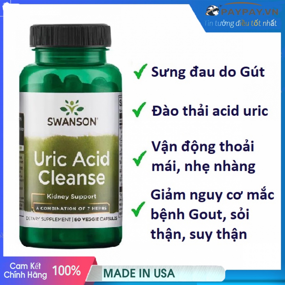Viên uống đào thải giảm đau Gút Swanson Uric Acid Cleanse Của Mỹ lọ 60 Viên