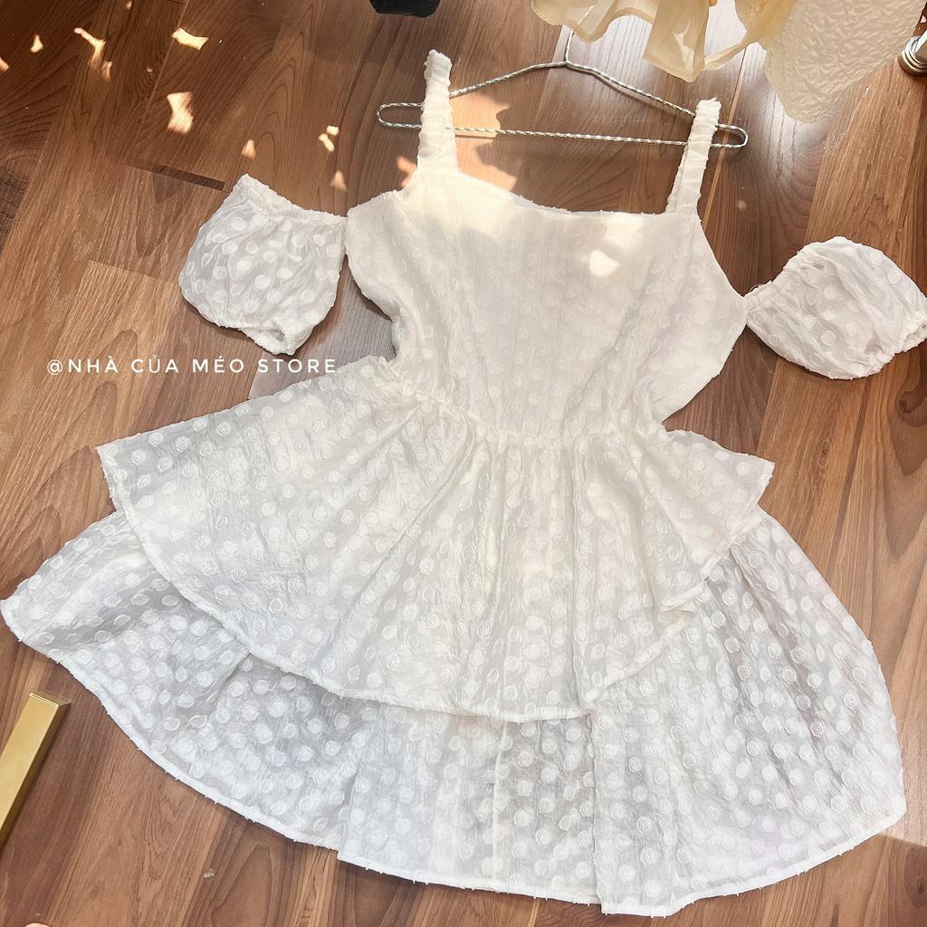 Đầm công chúa 2 dây to rớt vai hai tầng xéo ba màu