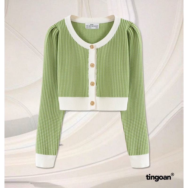 TINGOAN® - Áo set len xù cardigan lửng tặng kèm áo 2 dây kẻ caro xanh nhỏ vai bồng LOULOU CARDIGAN/GREEN