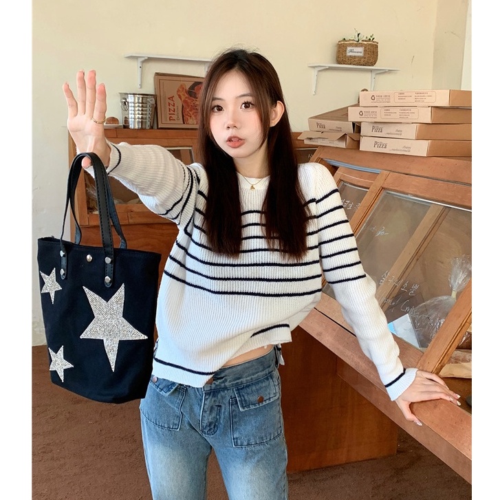 Porozi  Áo Sweater Dệt Kim Tay Dài Cổ Tròn Kẻ Sọc Kiểu Hàn Quốc Xinh Xắn Cho Nữ