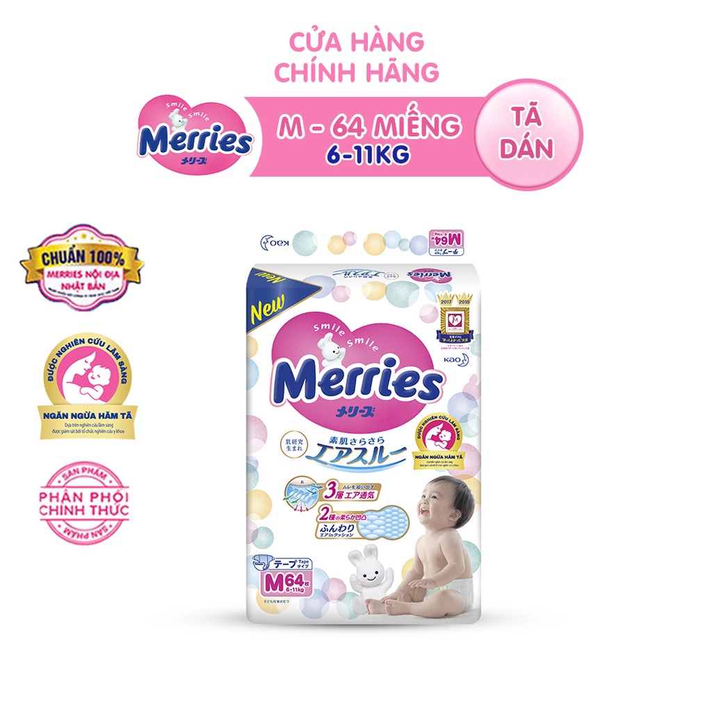Tã/bỉm dán Merries size M 64 miếng (Cho bé 6 - 11kg)