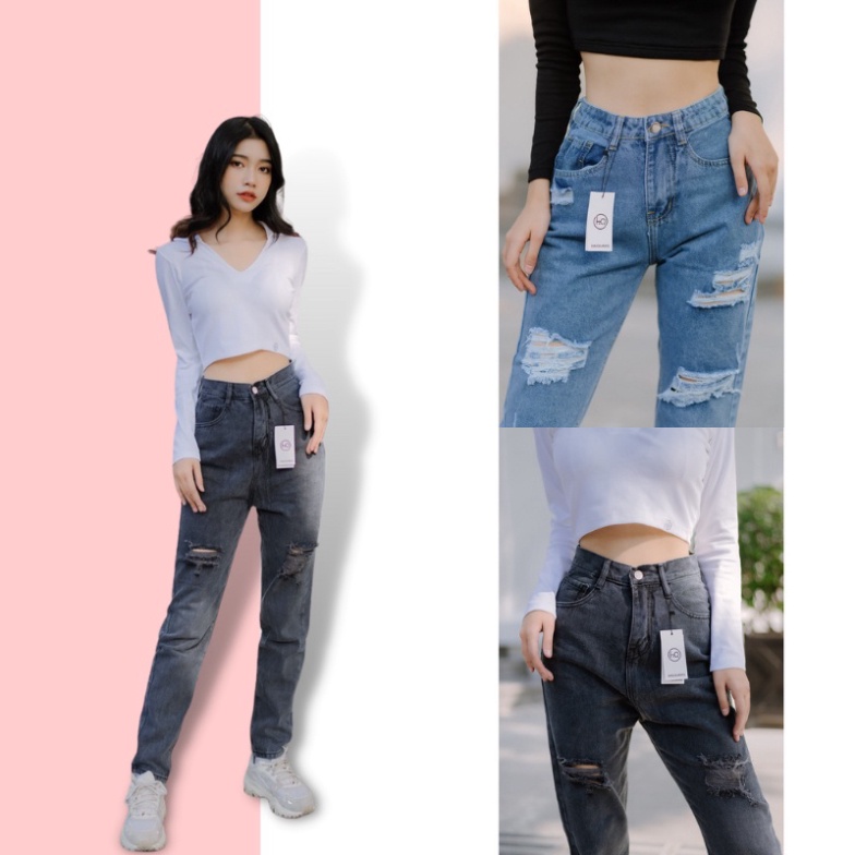 Quần jean baggy cạp cao, quần bò rách gối ống rộng cao cấp sp004 đổi trả nếu không hài lòng