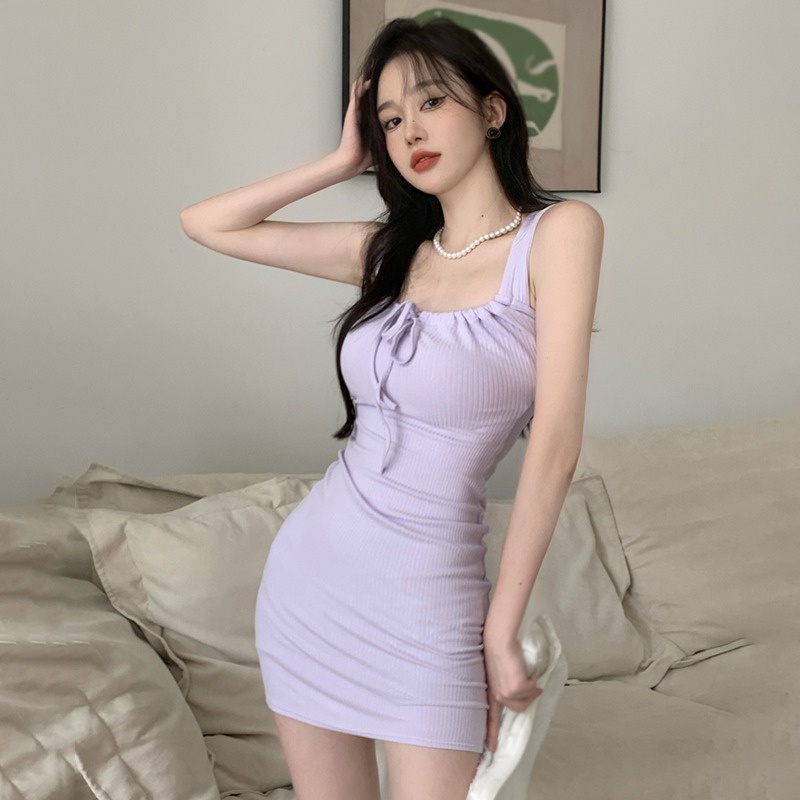 Đầm Mini Không Tay Cổ Vuông Màu Trơn Cột Dây Thời Trang Hàn Quốc Gợi Cảm Cho Nữ