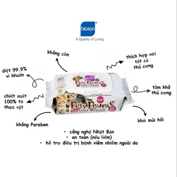 Bioion Khăn ướt khử mùi và sạch khuẩn cho thú cưng Pets Pounce Wet Wipe 80 tờ - Petemo Pet Shop