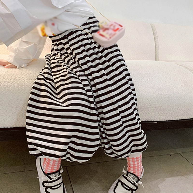 Quần Dài Ống Rộng Họa Tiết Kẻ Sọc Trắng Đen Thời Trang Mùa Hè Dành Cho Bé Gái