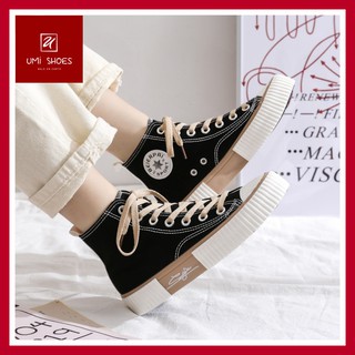 [NOWSHIP HN] Giày cao cổ thể thao nữ đế bằng in chữ kí đơn giản đi học đi chơi màu đen/trắng dễ phối đồ trẻ trung mới