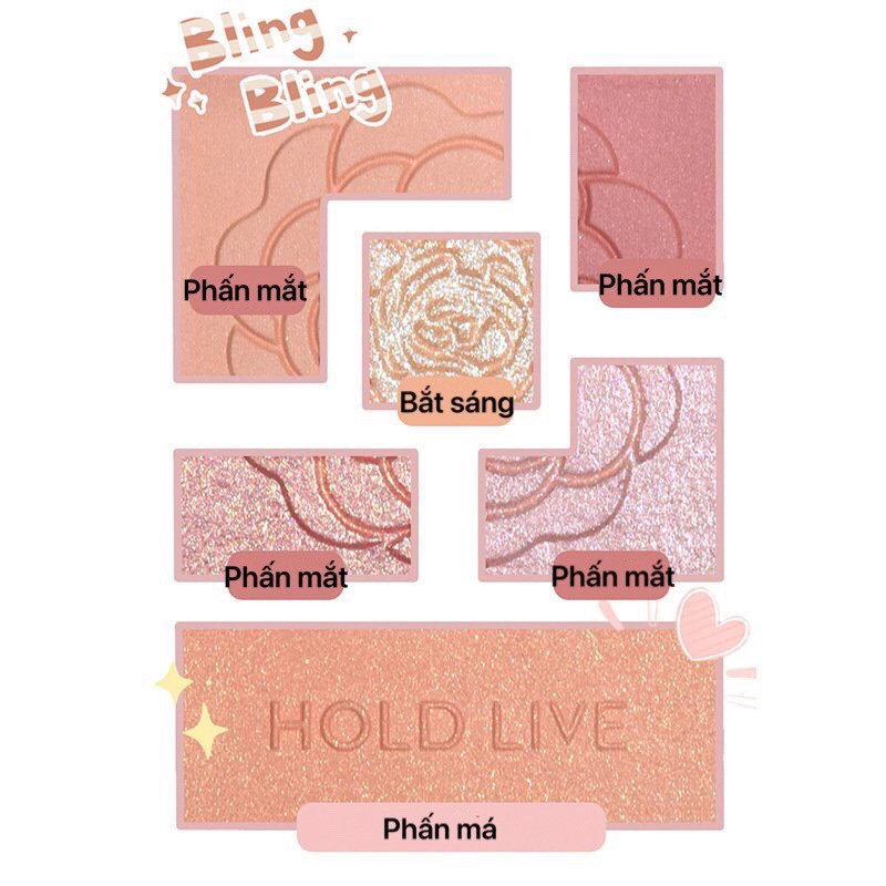 Bảng phấn mắt 6 màu HOLD LIVE kèm phấn má highlight Favorite Silk Satin Eyeshadow tông cam đào hồng đất HL399 HLIV68