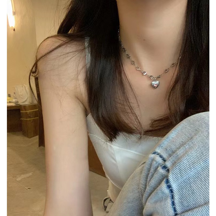 Vòng cổ mặt hình trái tim đính đá màu hồng ngọt ngào đơn giản cổ điển