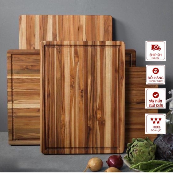 Thớt gỗ TEAK XUẤT KHẨU ÂU hình chữ nhật có mấu tay cầm tiện dụng- VINTAGE DECOR kích thước 305x210 mm