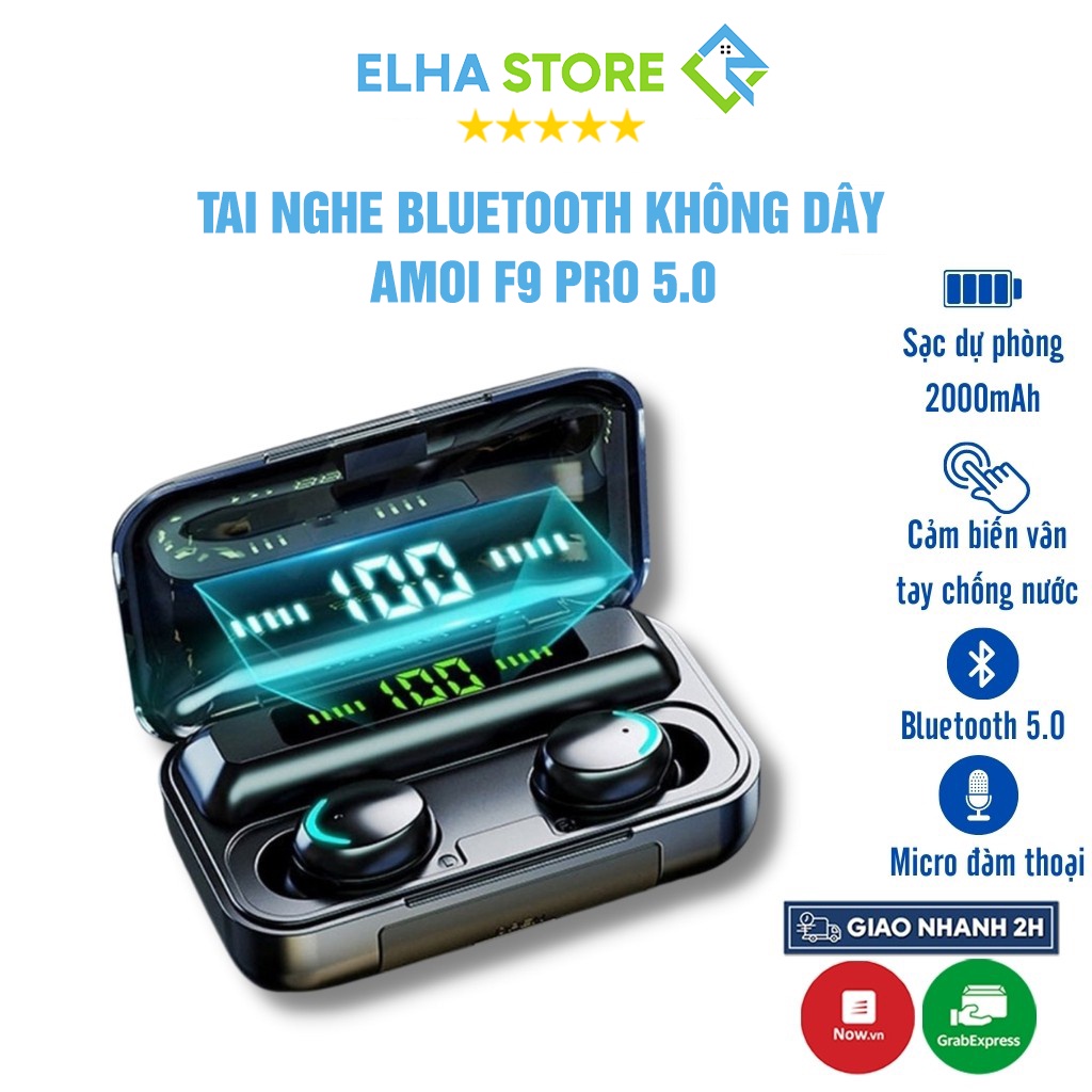 Tai Nghe Bluetooth Không Dây 5.0 AMOI F9 PRO Nút Cảm Biến Vân Tay Chống Nước Kèm Sạc 2.000mAh Chính Hãng - ELHA STORE