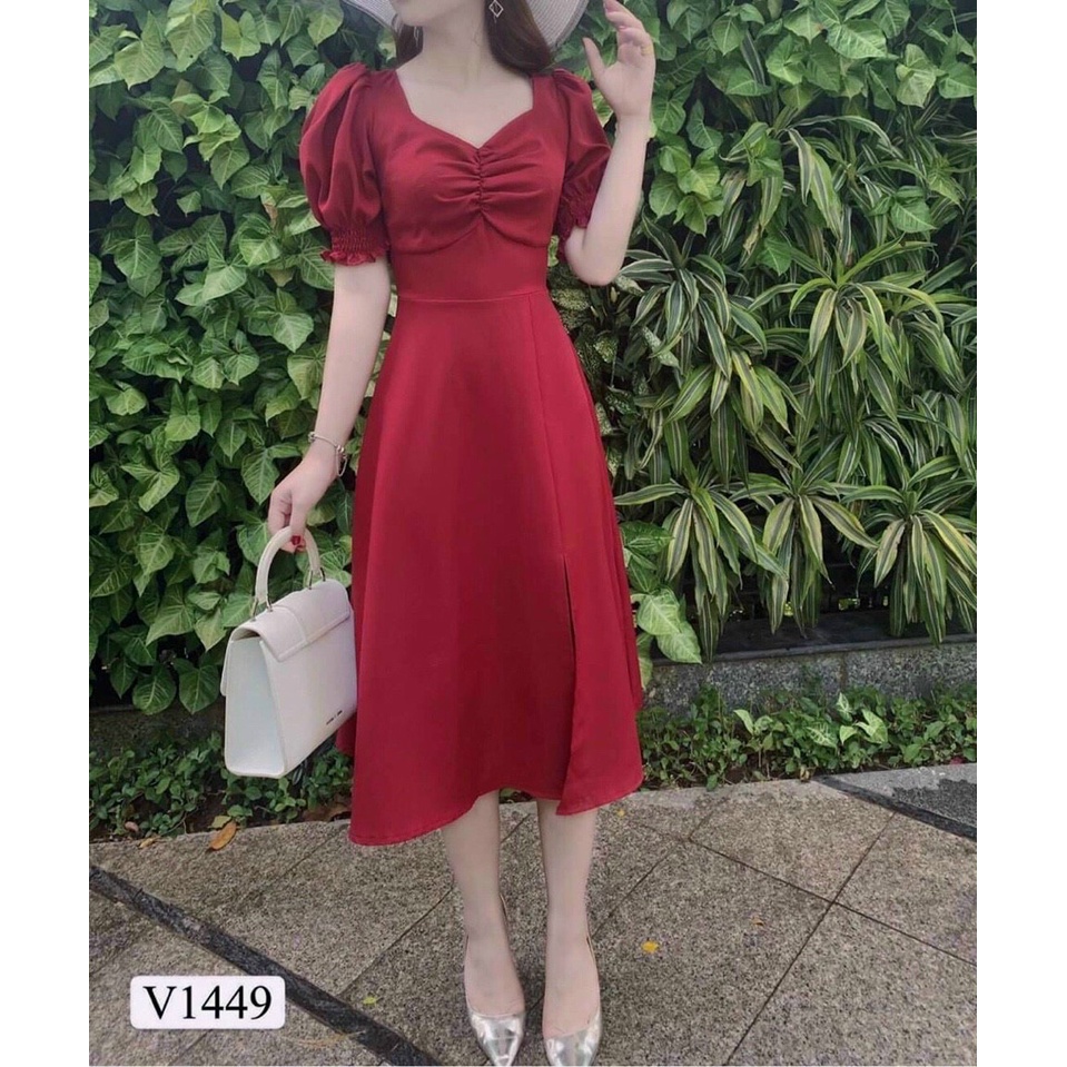 đầm dáng dài cổ tim tay phồng nhún ngực  kiểu váy xẻ tà