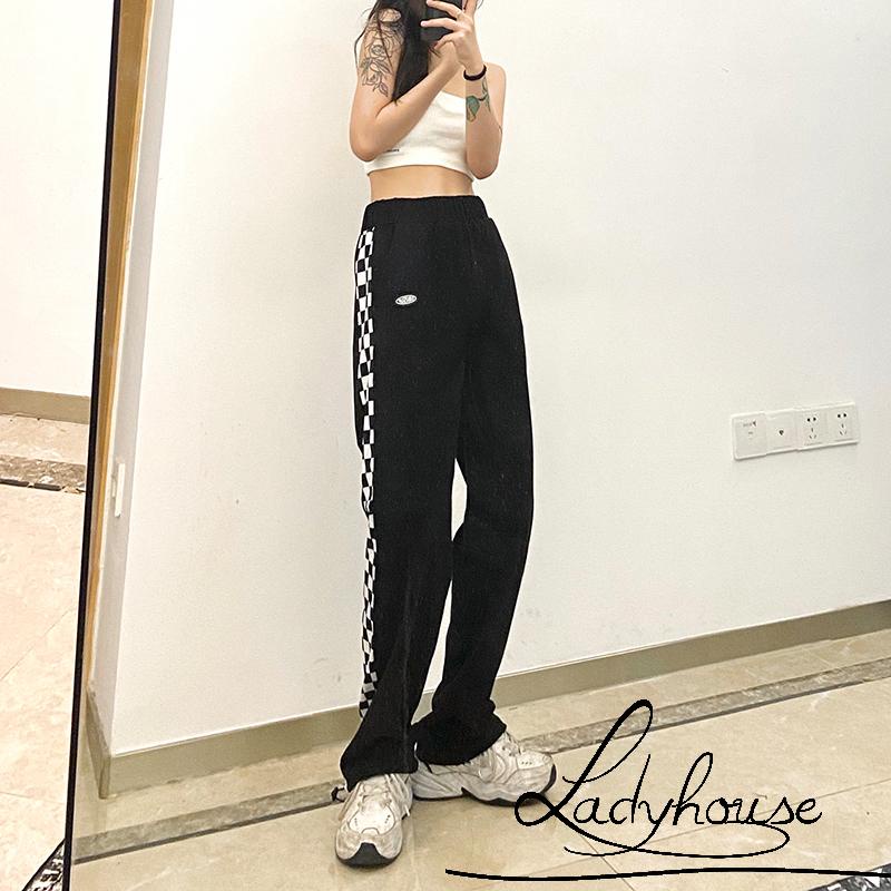 Quần Dài Lưng Cao Dáng Rộng Họa Tiết Sọc Caro Màu Đen Thời Trang Cho Nữ