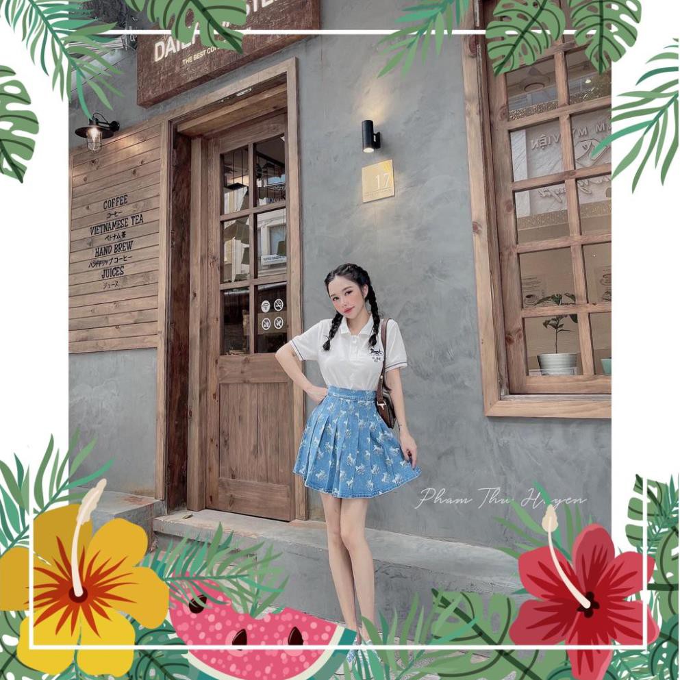 [ 𝐅𝐑𝐄𝐄 𝐒𝐇𝐈𝐏 ] Set Áo Polo Thêu Chữ Mix Chân Váy Xanh