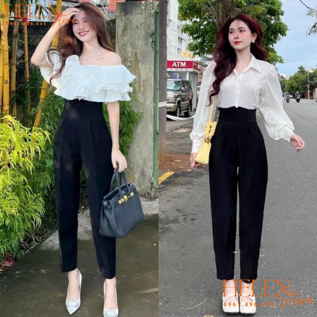 Quần tây nữ lưng cao đi học dáng Baggy cạp v siêu cao mẫu mới mặc làm công sở - Quần vải nữ khóa sau màu đen co giãn nhẹ