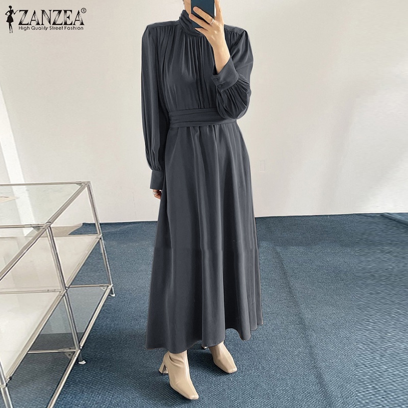 Đầm ZANZEA cổ cao tay phồng phối xếp ly thanh lịch cho phái nữ