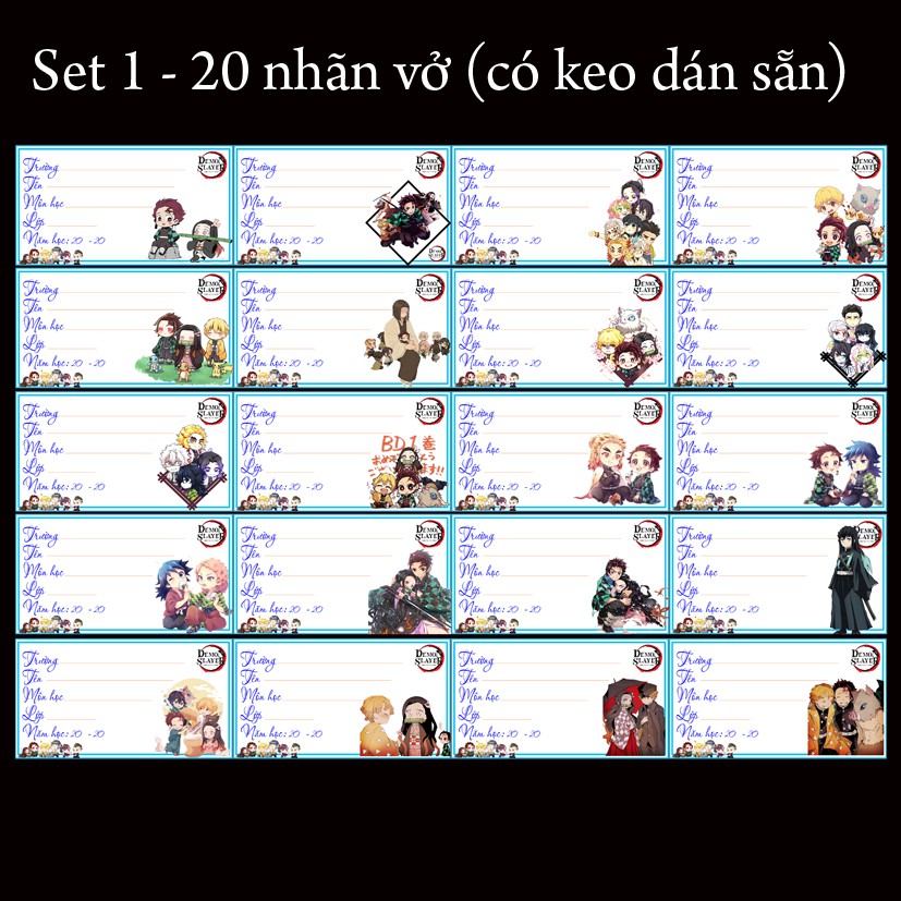 Nhãn vở anime Kimetsu No Yaiba hình chibi ( 1 set 20 cái nhãn vở giá 12k)