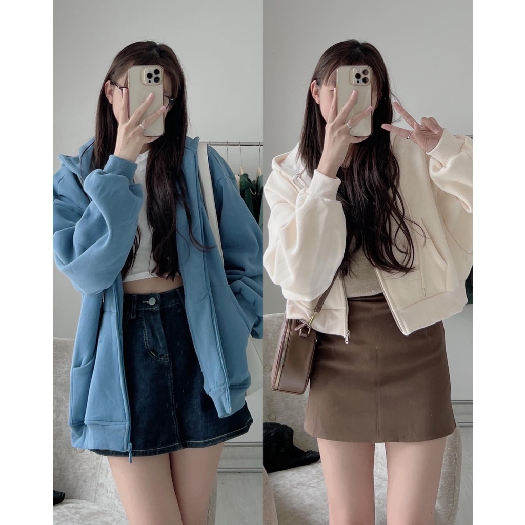 Áo Khoác Hoodie Trơn Lót Nỉ Siêu Ấm Dáng Rộng Unisex Thời Trang