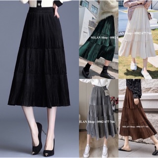 Chân váy nhung xoè dập ly midi 2 chất mới