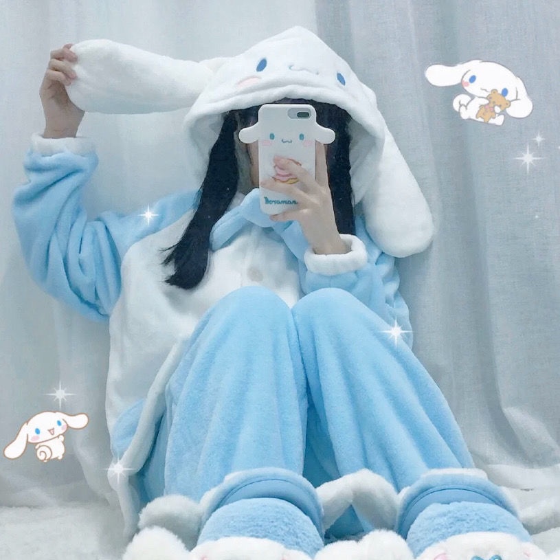Bộ đồ ngủ vải nhung san hô dày dặn giữ ấm tai lớn thời trang mùa đông cho nữ