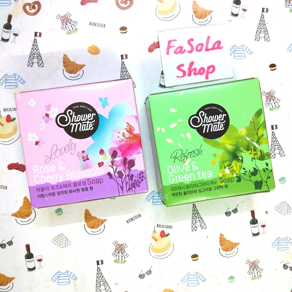 Xà phòng tắm SHOWER MATE 100g Hàn Quốc hoa hồng anh đào olive trà xanh rose cherry green tea soap Aekyung