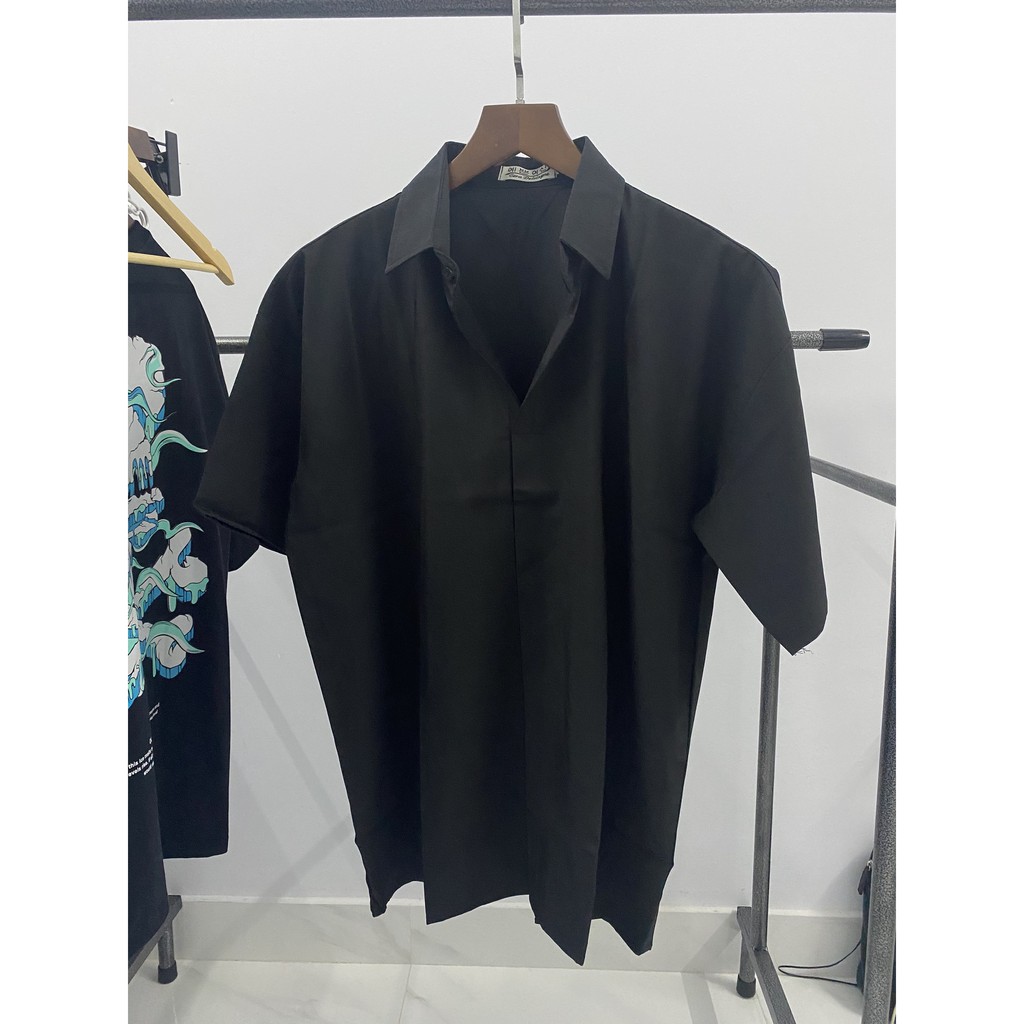 Áo sơ mi unisex Cổ CHUI kiểu chồng đầu Basic tay ngắn form rộng Style Hàn Quốc Unisex