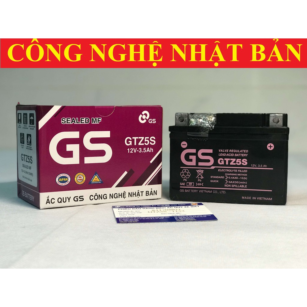 Bình Ắc Quy Khô Airblade 110cc, Click, Vision đời đầu, Future Neo, Wave Rs, Exciter, Sirius Fi (Hiệu GS GTZ5S 12V-3.5AH)